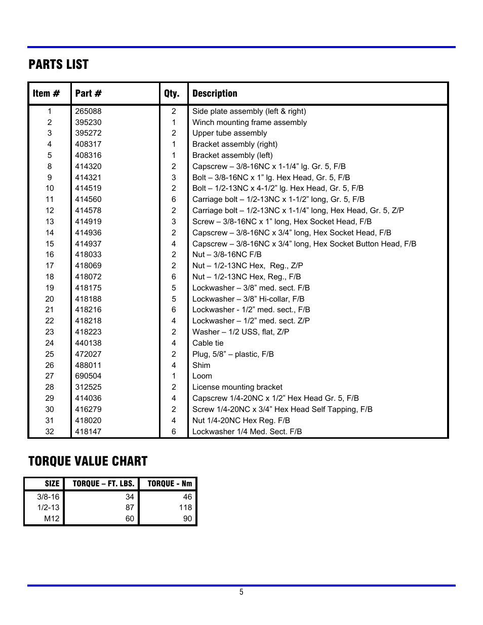 Parts list, Torque value chart | Ramsey Winch CHEVY GRILL GUARD KIT 295367 (RE WINCH) User Manual | Page 6 / 7