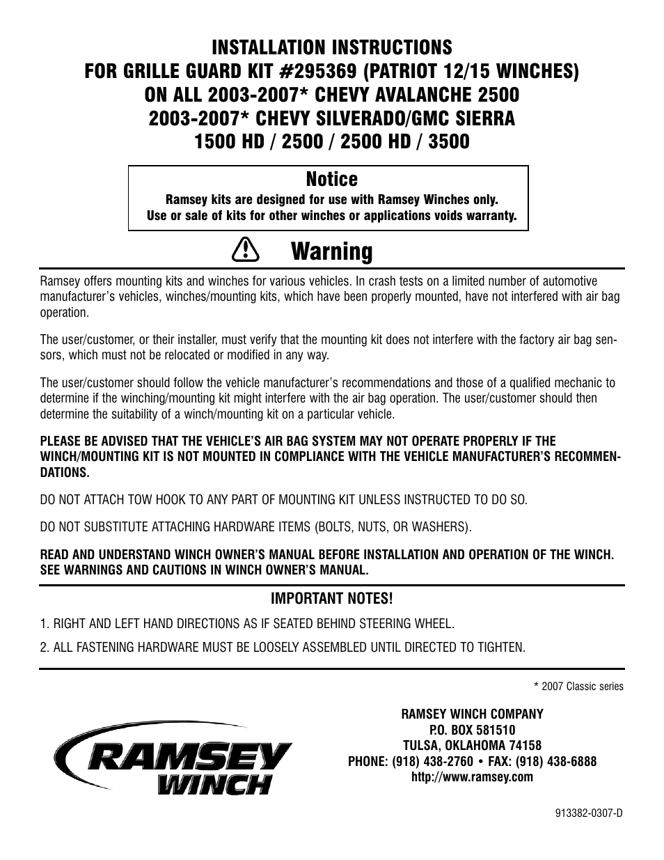 Ramsey Winch CHEVY GRILL GUARD KIT 295369 (PAT 12/15 WINCH) User Manual | 8 pages