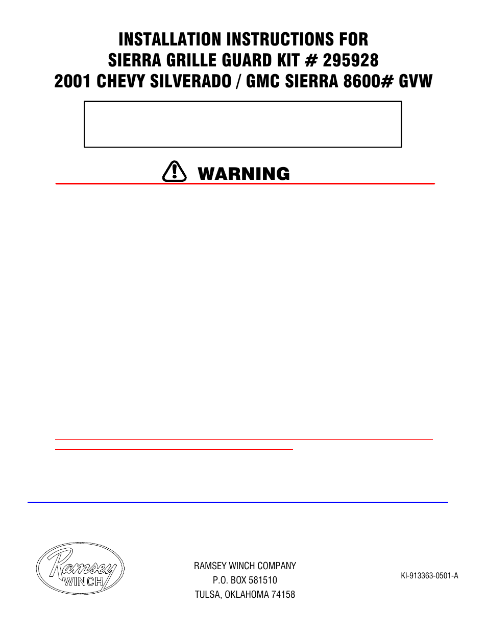 Ramsey Winch CHEVY GRILL GUARD KIT 295928 User Manual | 8 pages