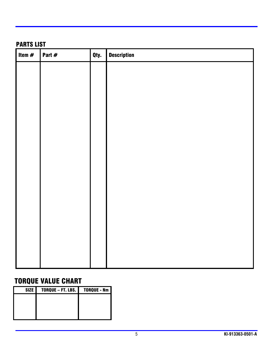 Torque value chart, Parts list | Ramsey Winch CHEVY GRILL GUARD KIT 295928 User Manual | Page 6 / 8