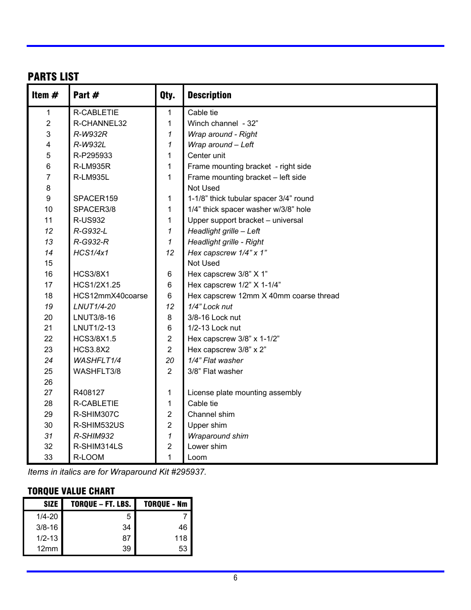 Parts list | Ramsey Winch CHEVY GRILL GUARD/WRAPAROUND KITS 295936 & 295937 User Manual | Page 7 / 8