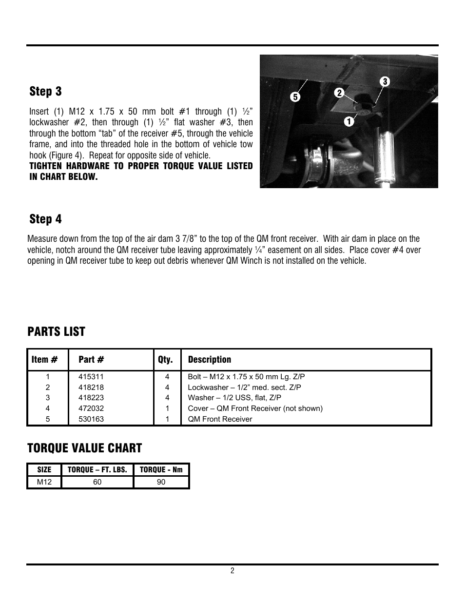 Step 3, Step 4, Parts list | Torque value chart | Ramsey Winch CHEVY QM KIT 251078 User Manual | Page 3 / 3