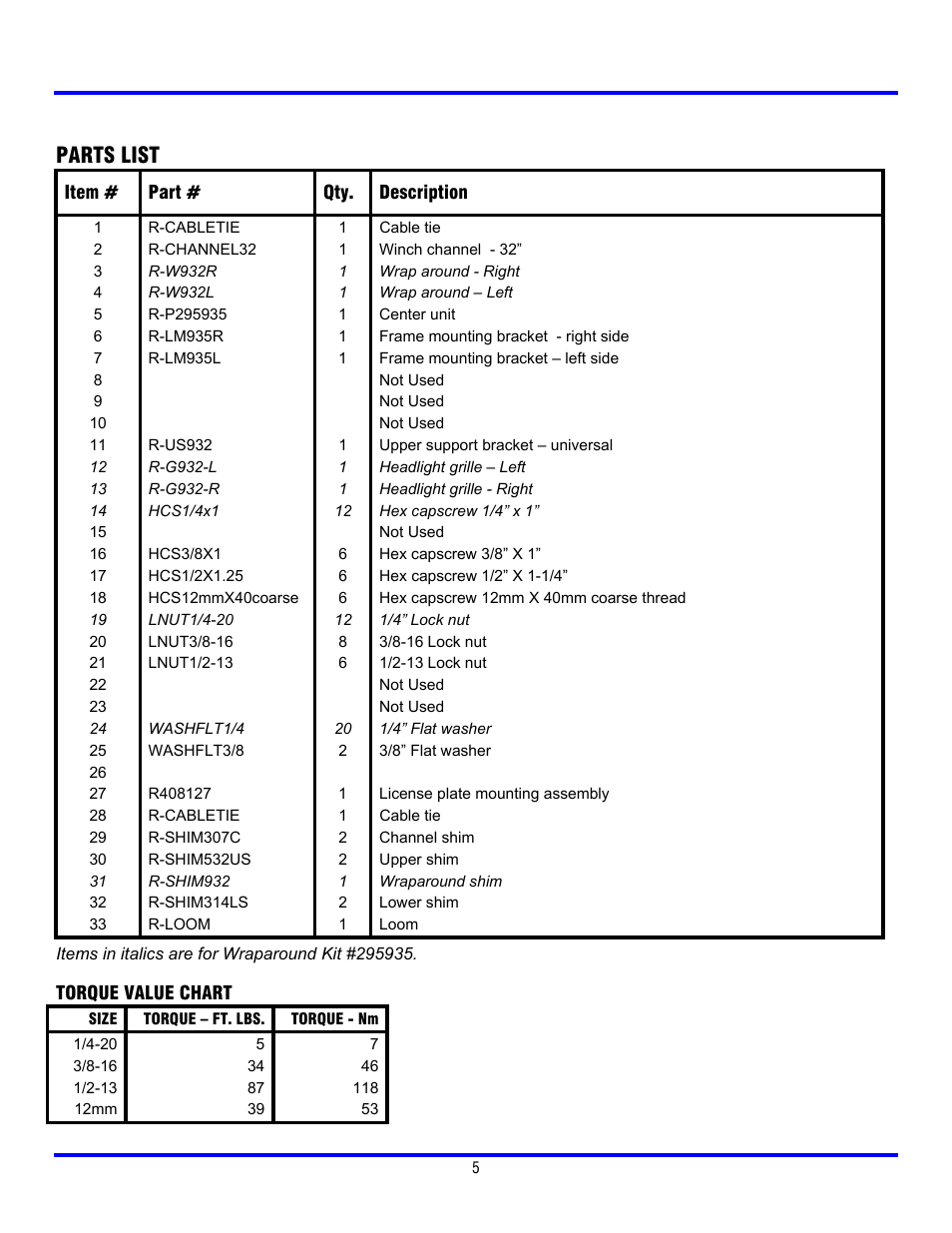 Parts list | Ramsey Winch CHEVY WRAPAROUND & GRILL GUARD KITS 295934 & 295935 User Manual | Page 6 / 7