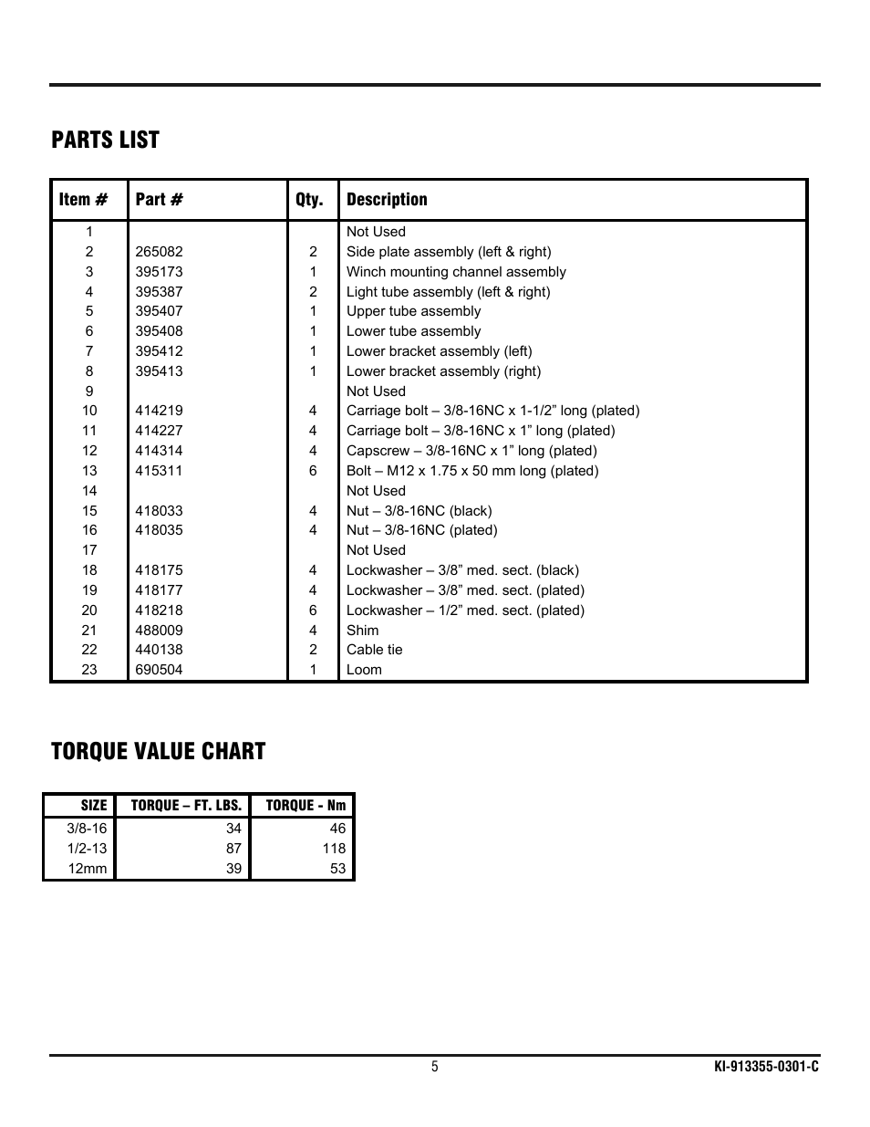 Parts list, Torque value chart | Ramsey Winch CHEVY WRAPAROUND KIT 295361 User Manual | Page 6 / 7