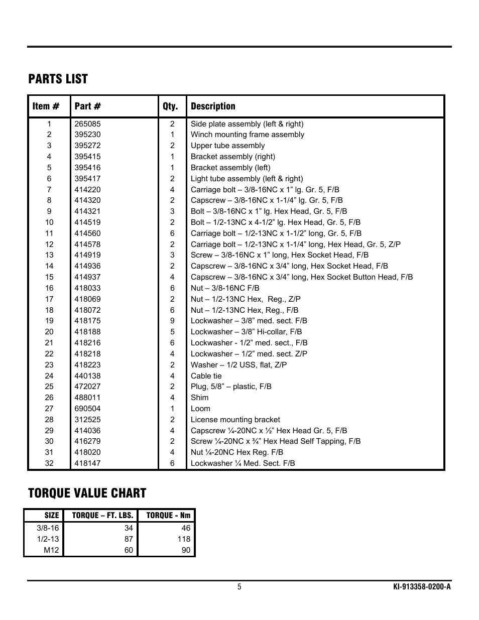 Parts list, Torque value chart | Ramsey Winch CHEVY WRAPAROUND KIT 295362 (RE WINCH) User Manual | Page 6 / 7