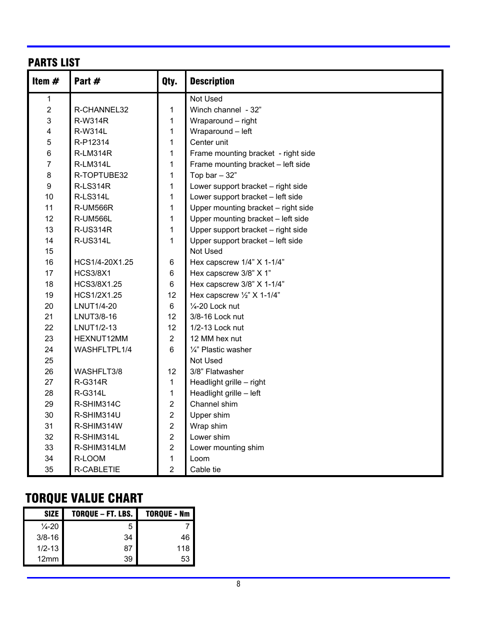 Torque value chart, Parts list | Ramsey Winch CHEVY WRAPAROUND KIT 295922 User Manual | Page 9 / 10