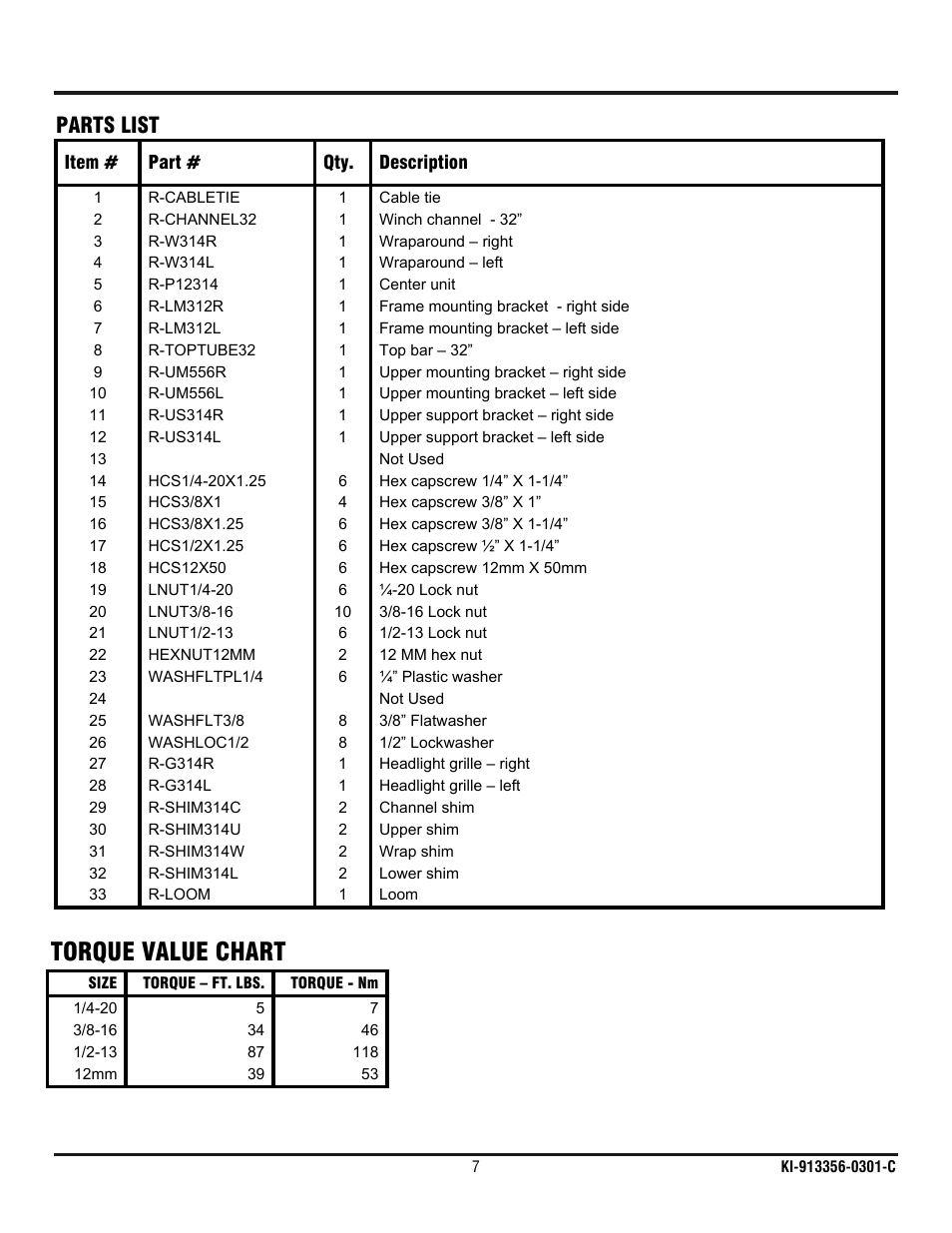 Torque value chart, Parts list | Ramsey Winch CHEVY WRAPAROUND KIT 295925 User Manual | Page 8 / 10