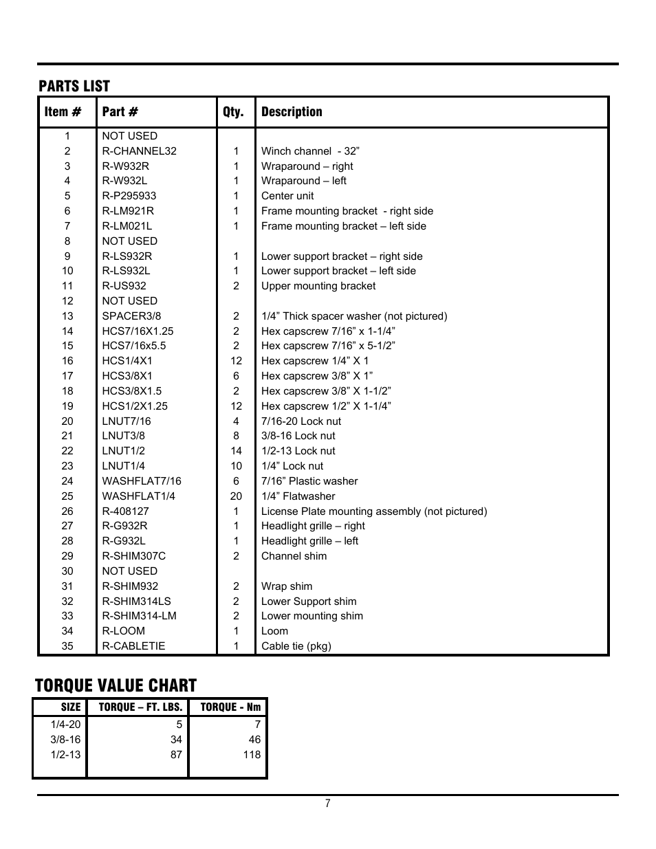 Torque value chart, Parts list | Ramsey Winch CHEVY WRAPAROUND KIT 295932 User Manual | Page 8 / 9