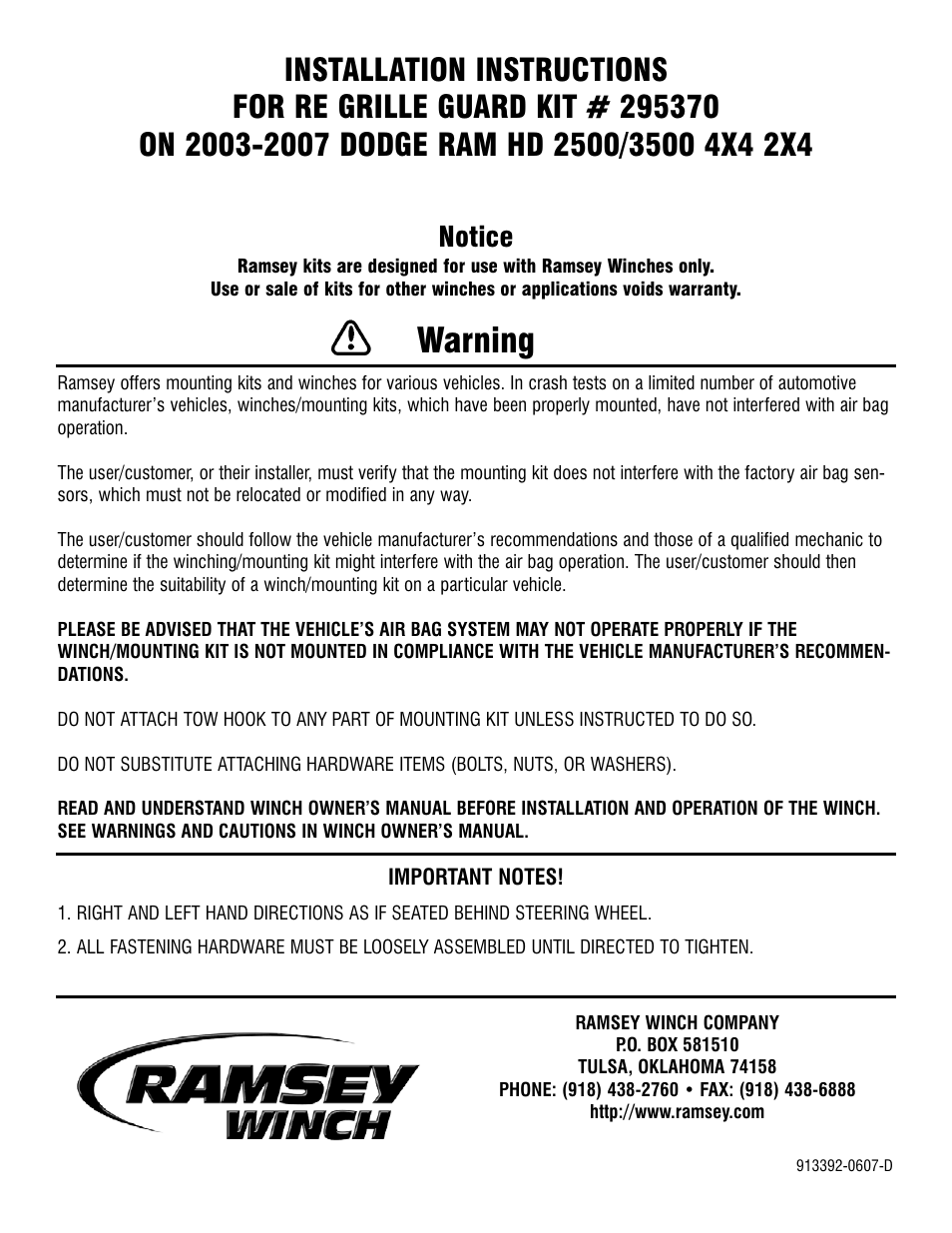 Ramsey Winch DODGE GRILL GUARD KIT 295370 (RE WINCH) User Manual | 8 pages