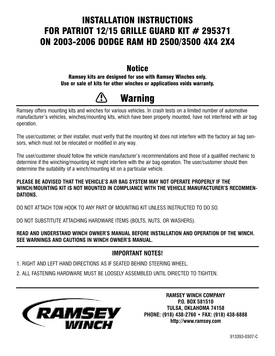 Ramsey Winch DODGE GRILL GUARD KIT 295371 (PAT 12/15) User Manual | 8 pages