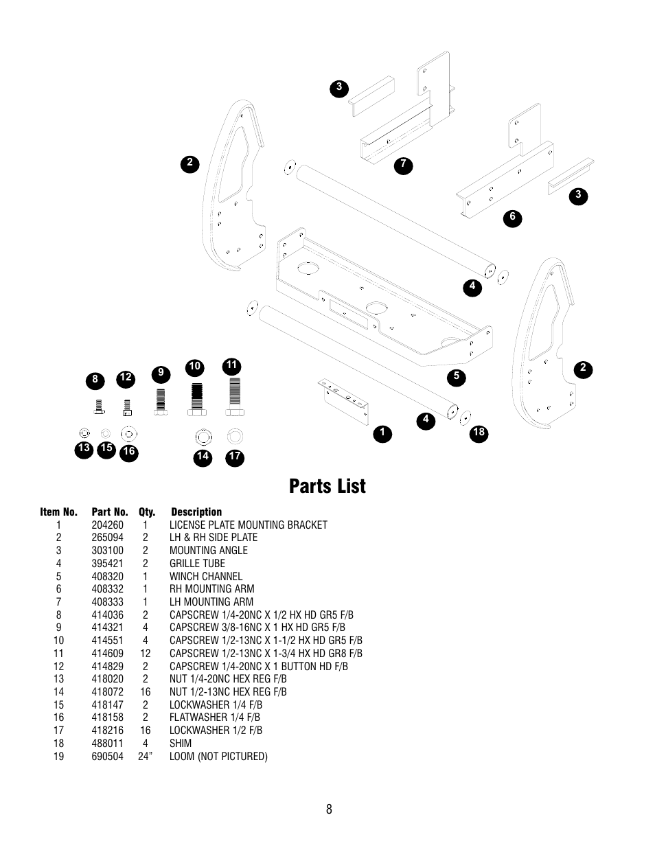 Parts list | Ramsey Winch DODGE GRILL GUARD KIT 295371 (PAT 12/15) User Manual | Page 8 / 8