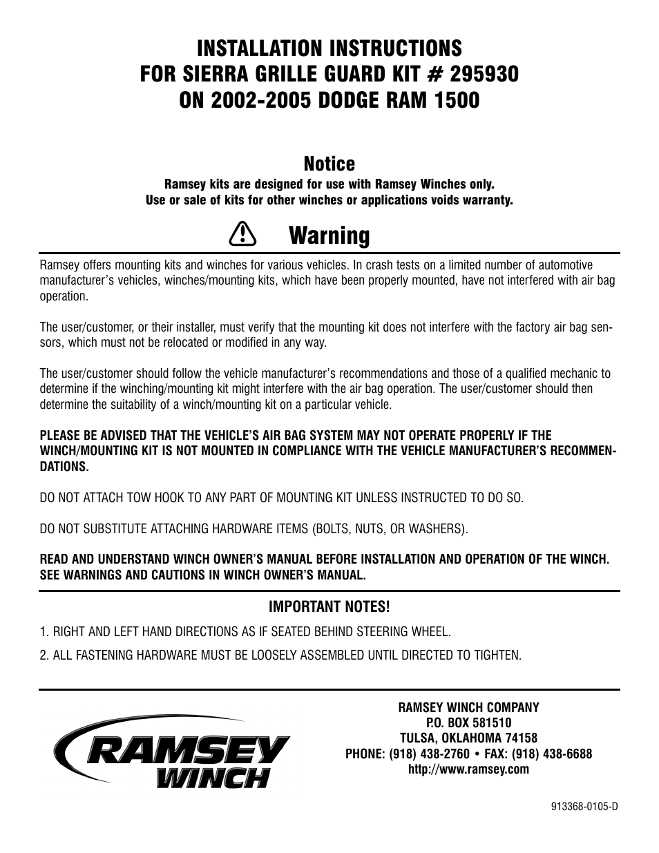 Ramsey Winch DODGE GRILL GUARD KIT 295930 User Manual | 6 pages