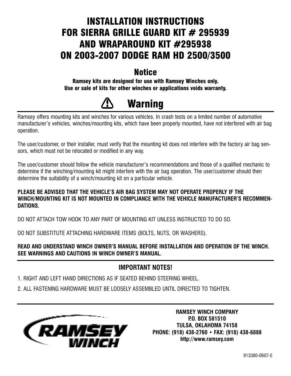 Ramsey Winch DODGE GRILL GUARD/WRAPAROUND KITS 295938 & 295939 User Manual | 8 pages