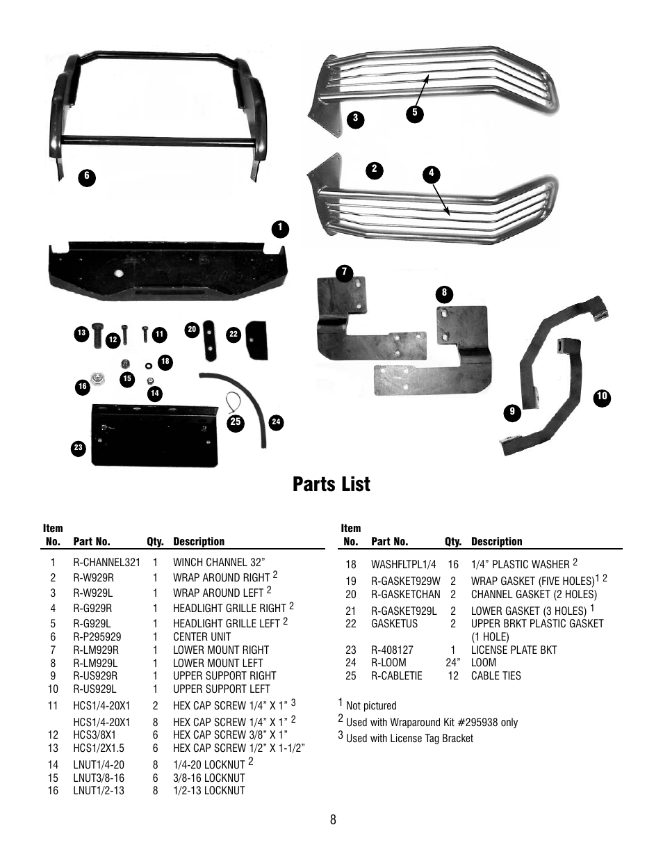 Parts list | Ramsey Winch DODGE GRILL GUARD/WRAPAROUND KITS 295938 & 295939 User Manual | Page 8 / 8