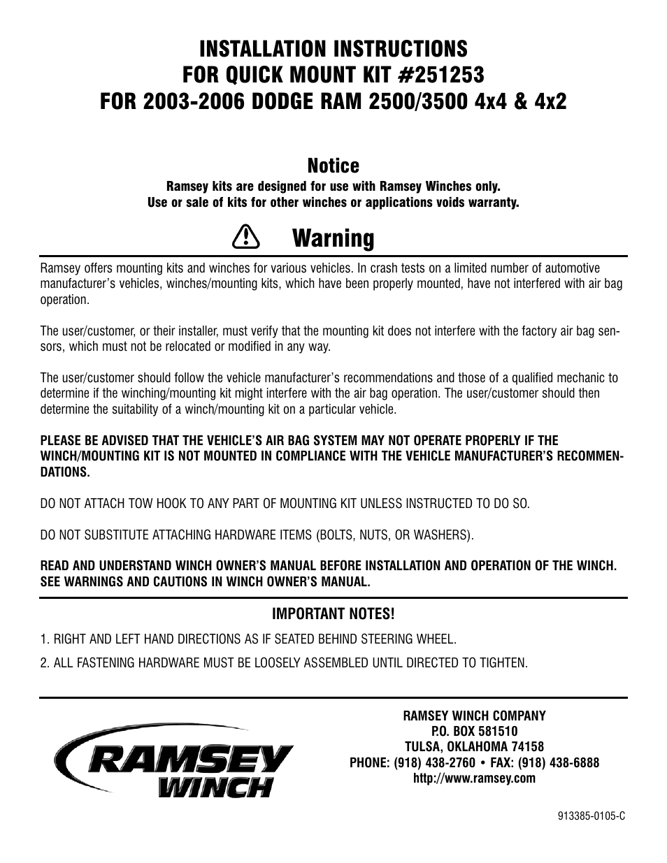 Ramsey Winch DODGE QM KIT 251253 User Manual | 3 pages