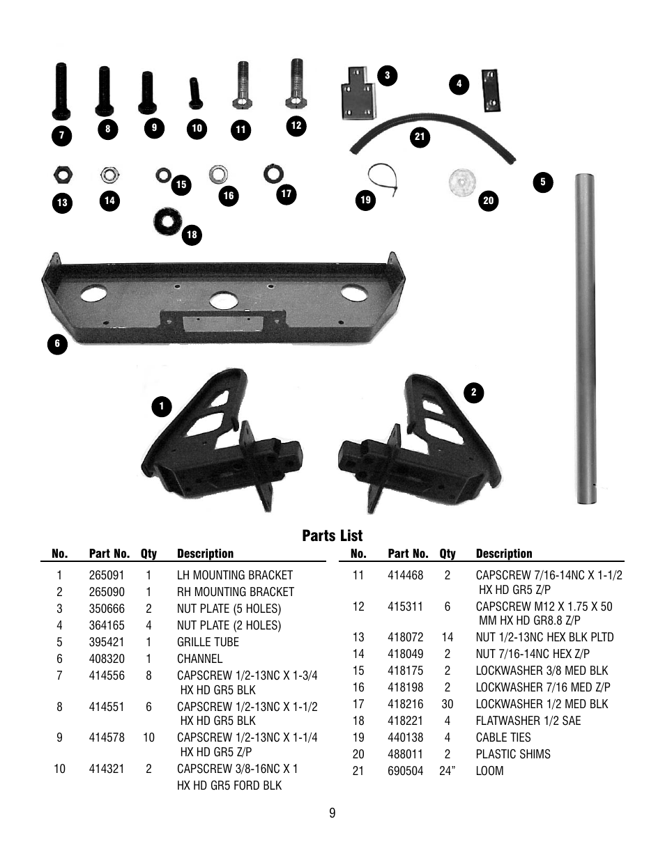 Parts list | Ramsey Winch FORD GRILL GUARD KIT 295368 User Manual | Page 9 / 9