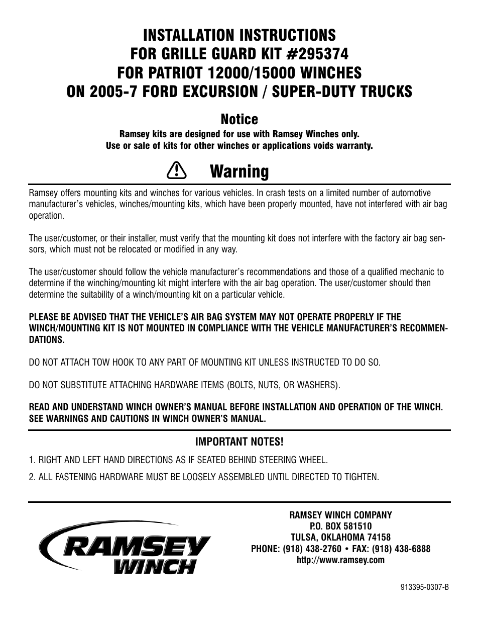 Ramsey Winch FORD GRILL GUARD KIT 295374 (PAT 12/15) User Manual | 6 pages
