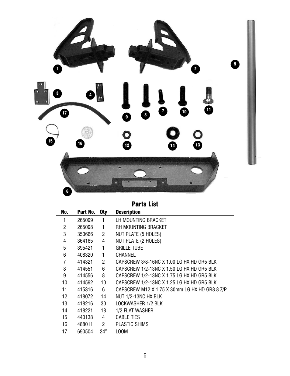 Parts list | Ramsey Winch FORD GRILL GUARD KIT 295374 (PAT 12/15) User Manual | Page 6 / 6