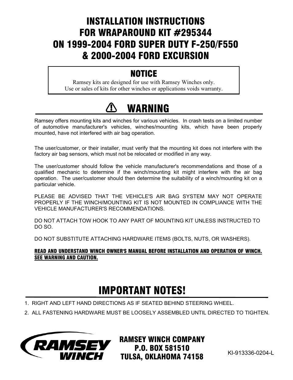 Ramsey Winch FORD GRILL GUARD/WRAPAROUND KITS 295344 & 295345 (RE WINCH) User Manual | 9 pages