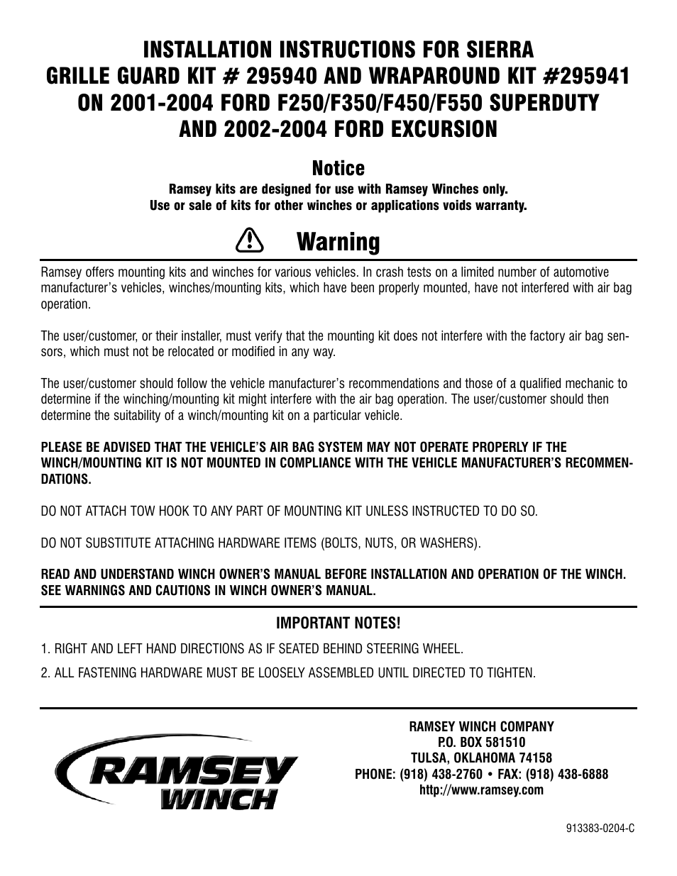 Ramsey Winch FORD GRILL GUARD/WRAPAROUND KITS 295940 & 295941 User Manual | 7 pages