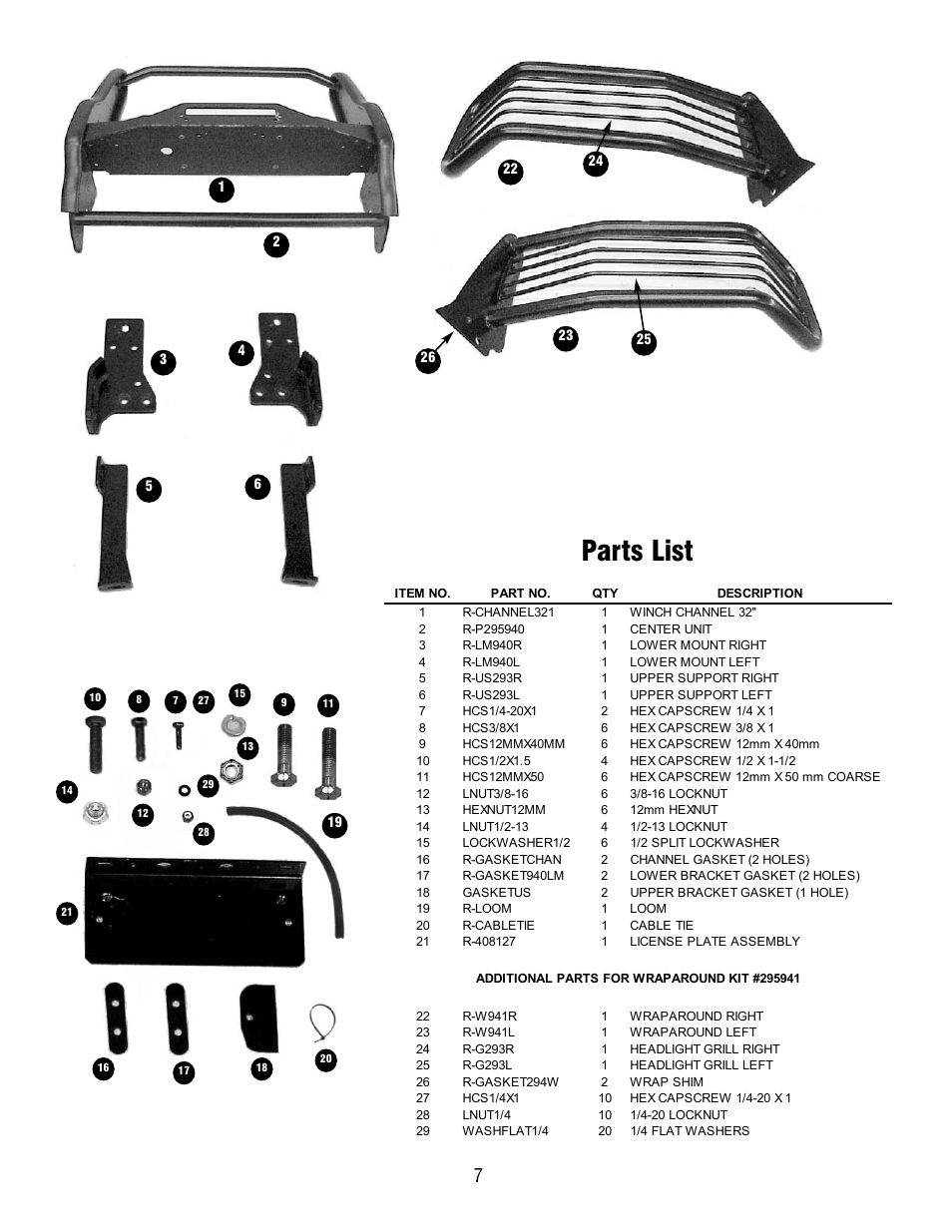 Parts list | Ramsey Winch FORD GRILL GUARD/WRAPAROUND KITS 295940 & 295941 User Manual | Page 7 / 7