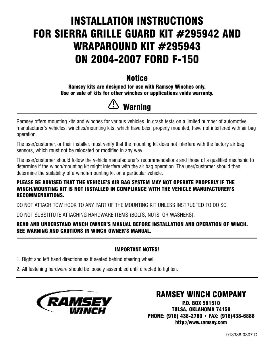 Ramsey Winch FORD GRILL GUARD/WRAPAROUND KITS 295942 & 295943 User Manual | 7 pages