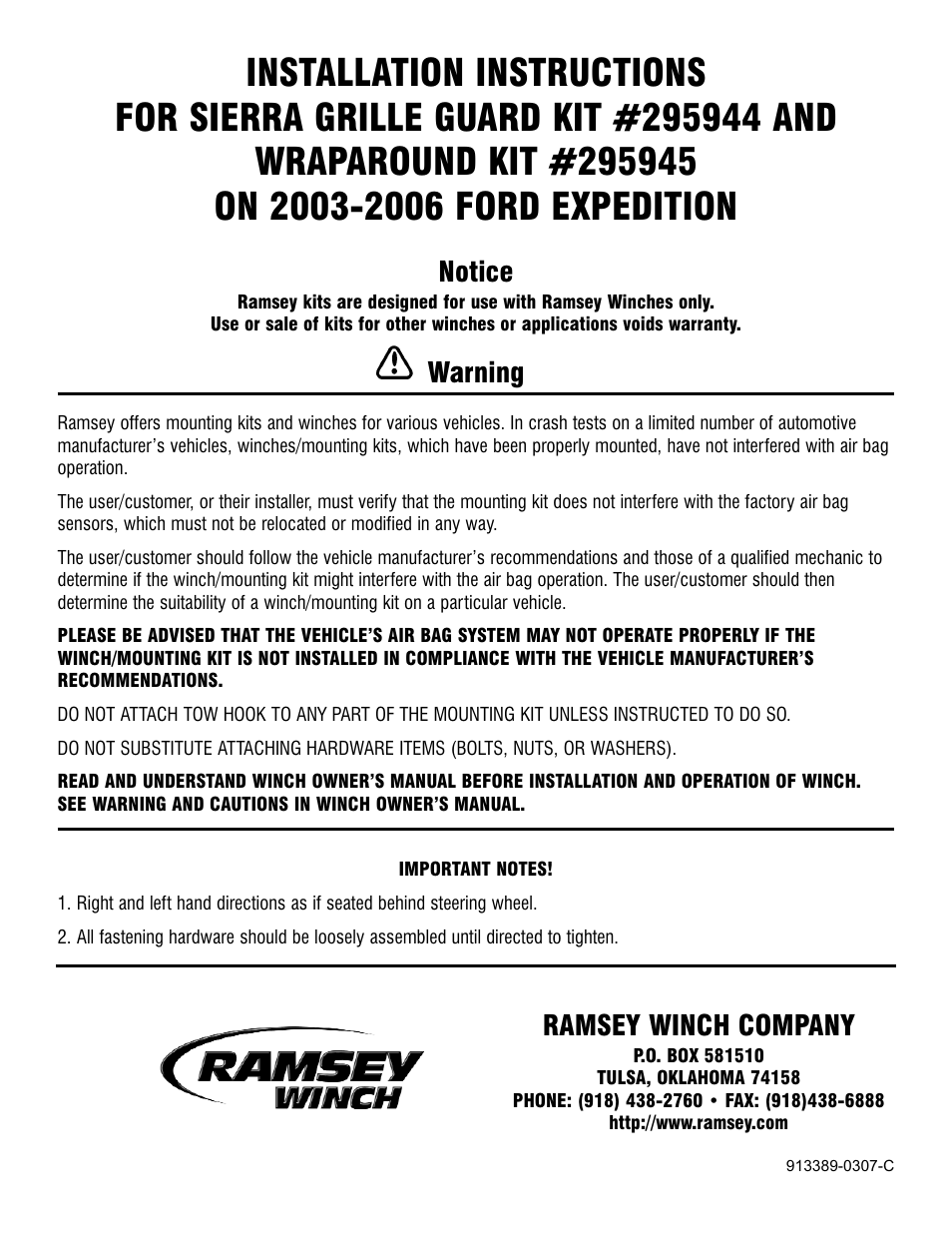 Ramsey Winch FORD GRILL GUARD/WRAPAROUND KITS 295944 & 295945 User Manual | 7 pages