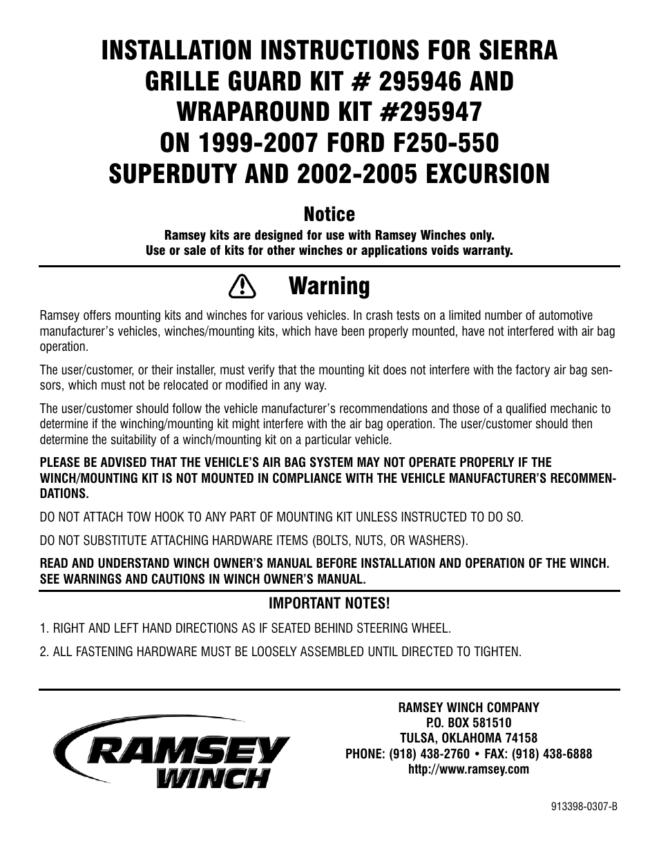 Ramsey Winch FORD GRILL GUARD/WRAPAROUND KITS 295946 & 295947 User Manual | 9 pages