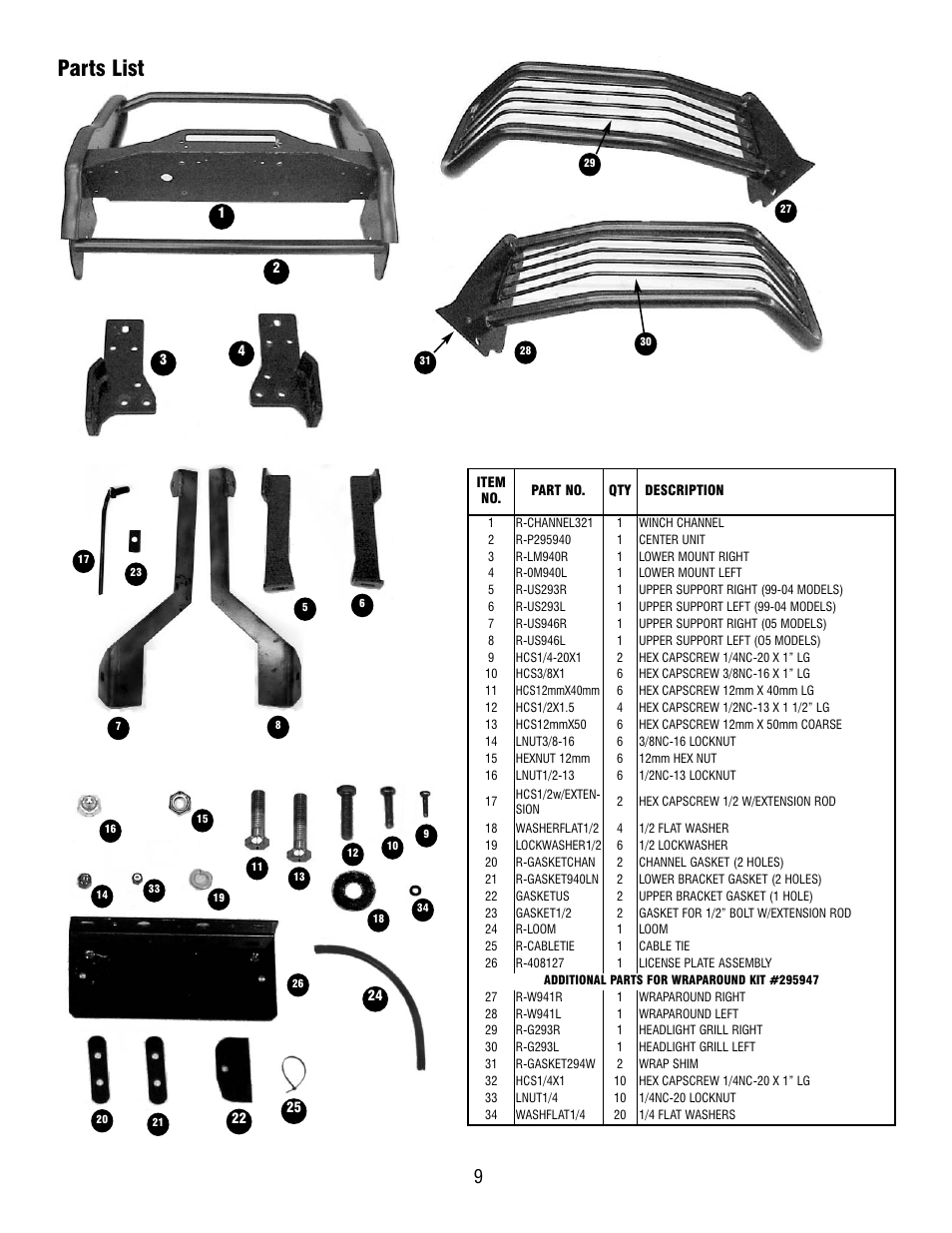 Parts list | Ramsey Winch FORD GRILL GUARD/WRAPAROUND KITS 295946 & 295947 User Manual | Page 9 / 9