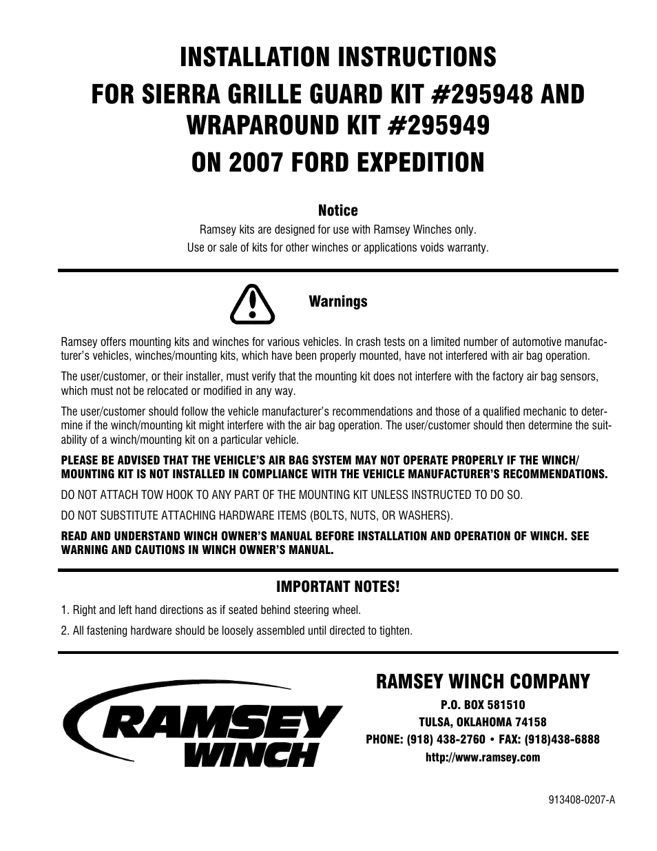 Ramsey Winch FORD GRILL GUARD/WRAPAROUND KITS 295948 & 295949 User Manual | 7 pages