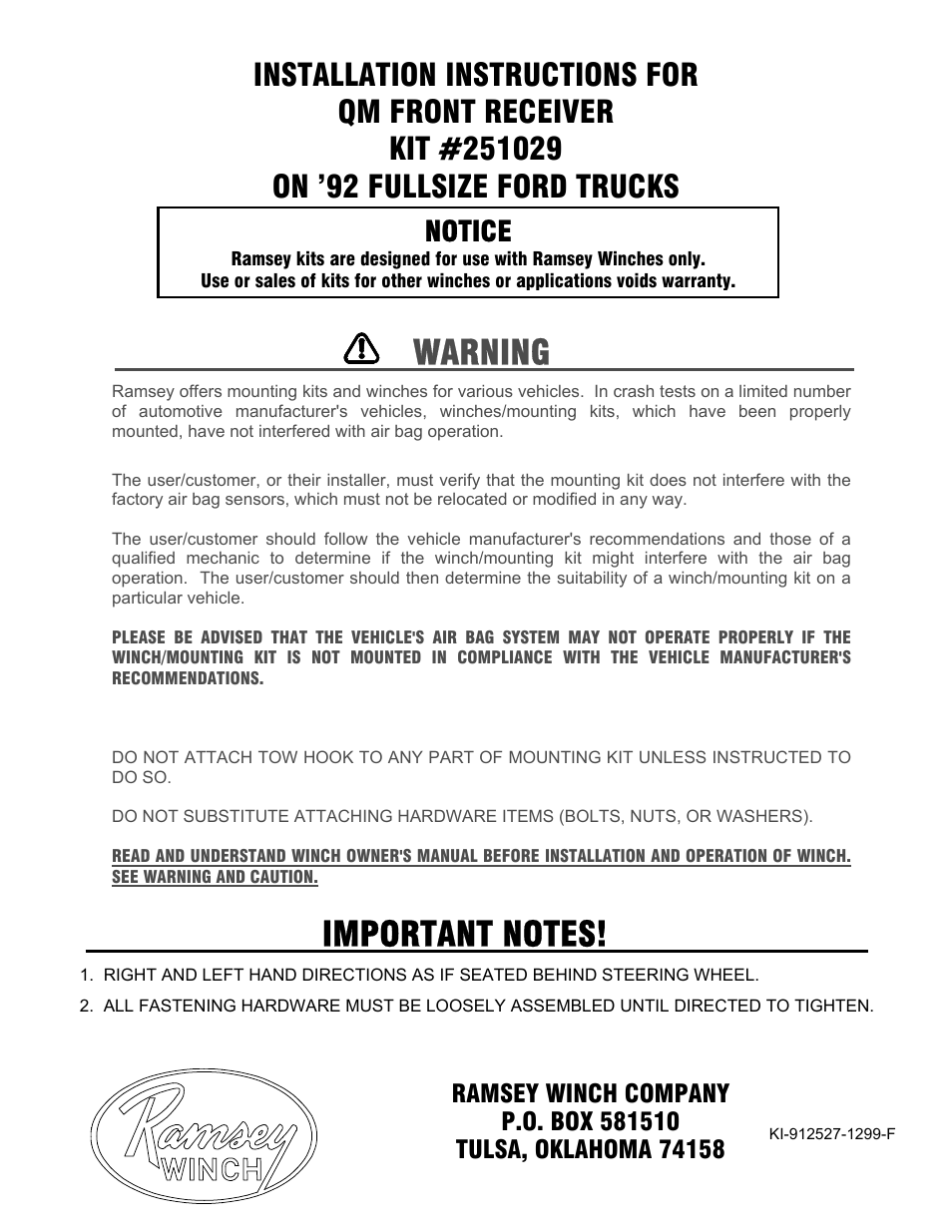 Ramsey Winch FORD QM KIT 251029 User Manual | 2 pages