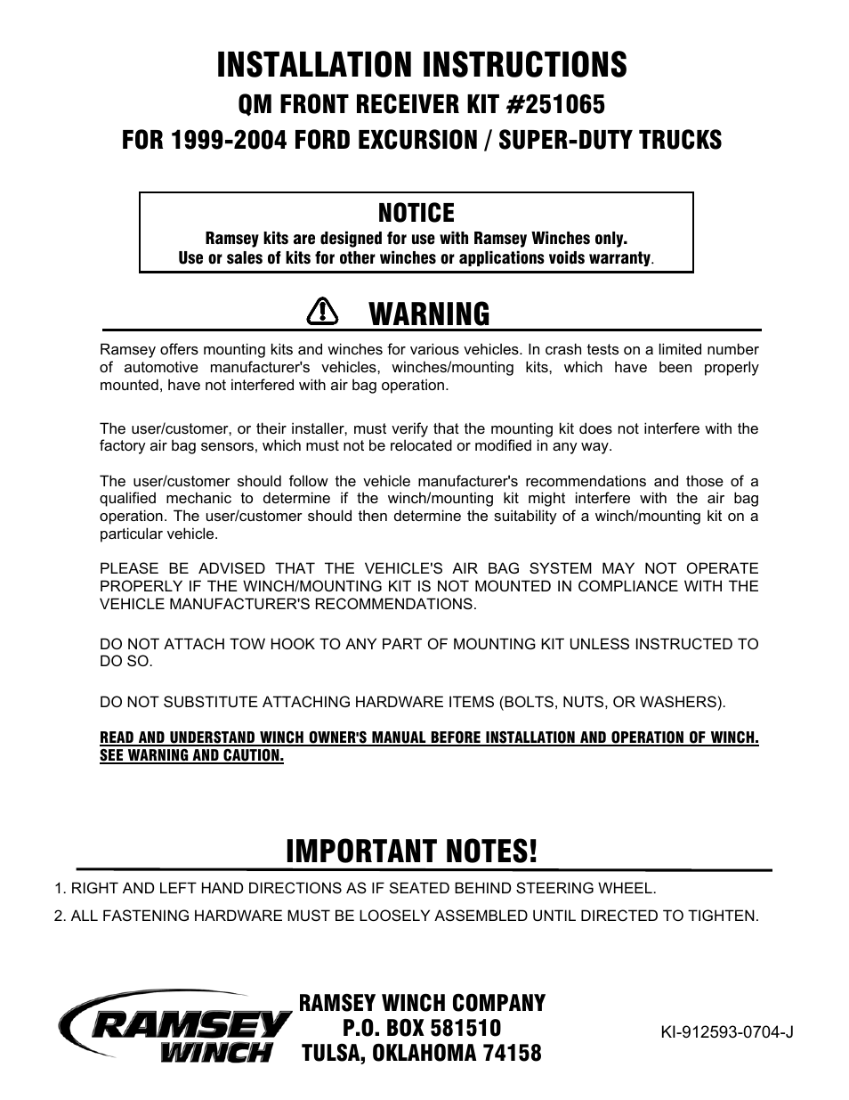 Ramsey Winch FORD QM KIT 251065 User Manual | 8 pages