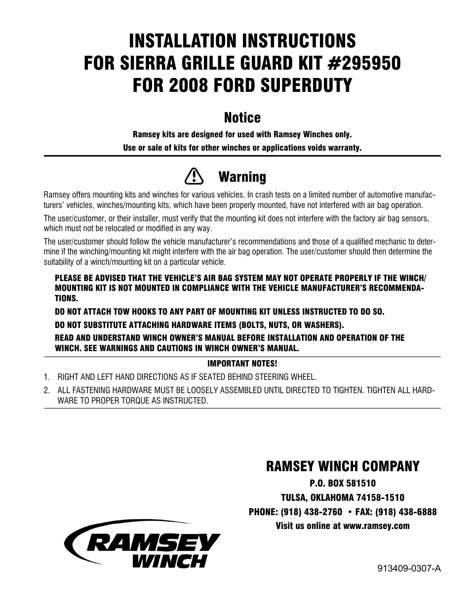 Ramsey Winch FORD SUPER DUTY KIT 295950 User Manual | 6 pages