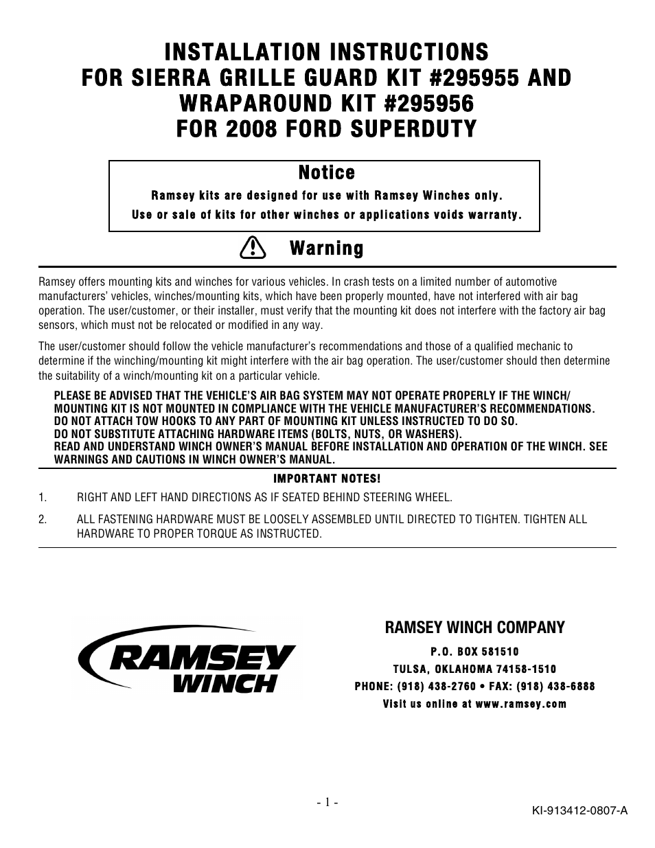 Ramsey Winch FORD SUPERDUTY GRILL GUARD AND WRAPAROUND 295955 & 295956 User Manual | 10 pages