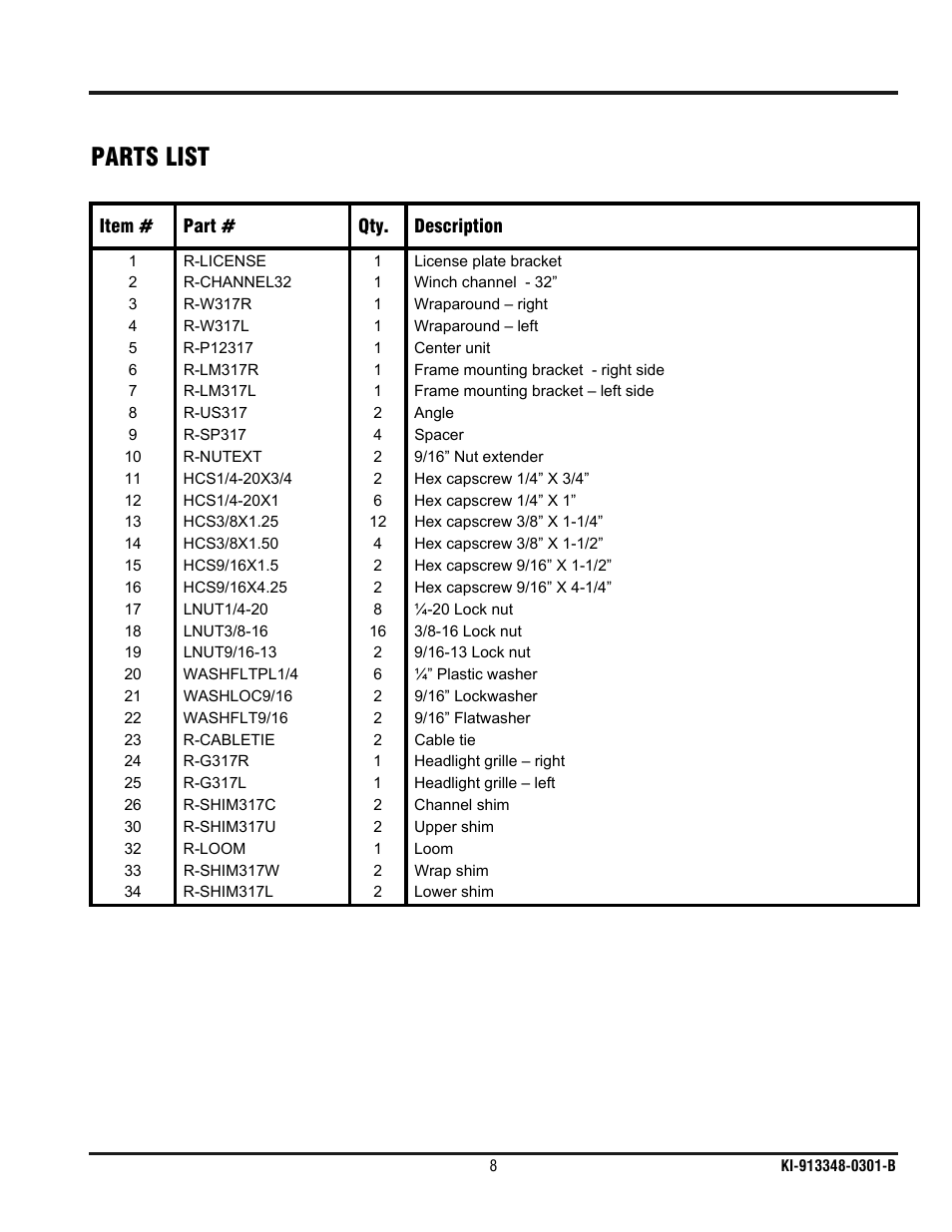 Parts list | Ramsey Winch FORD WRAPAROUND KIT 295918 User Manual | Page 9 / 10