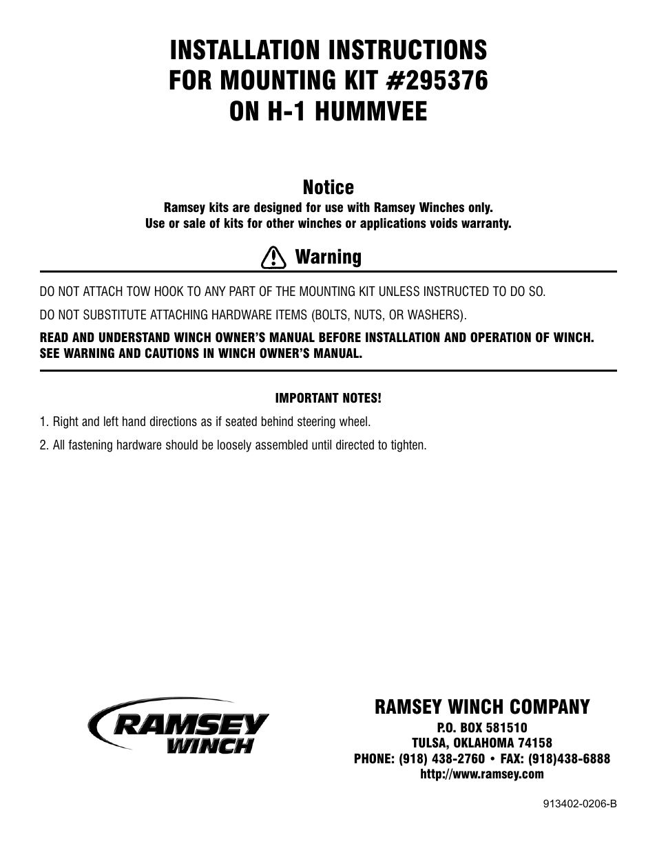 Ramsey Winch HUMMER H1 KIT 295376 User Manual | 6 pages