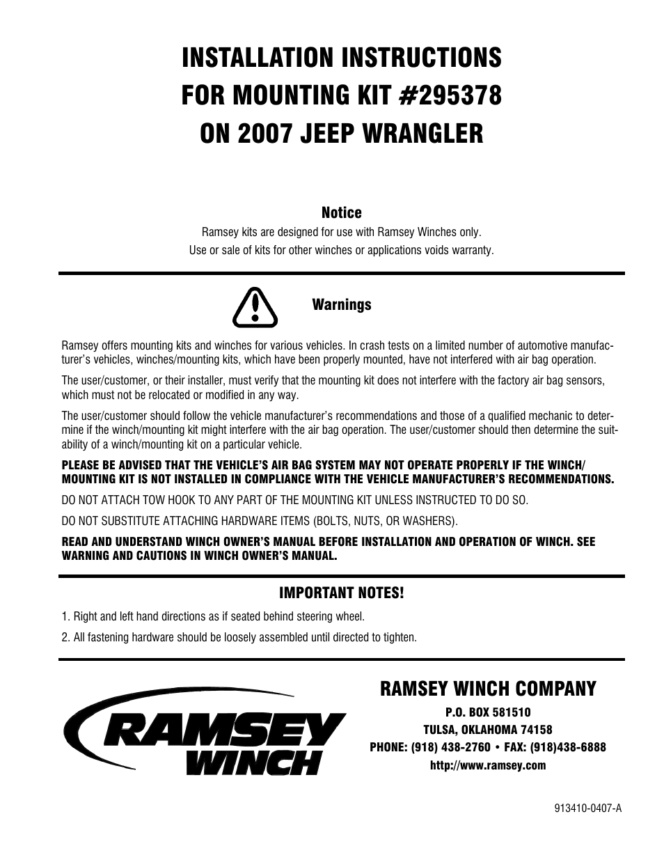 Ramsey Winch JEEP WRANGLER KIT 295378 User Manual | 7 pages