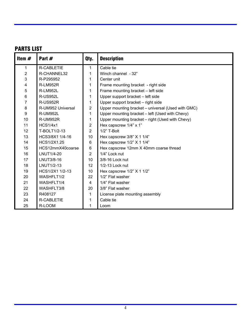 Parts list | Ramsey Winch SILVERADO/SIERRA 2500HD/3500 295952 User Manual | Page 5 / 6