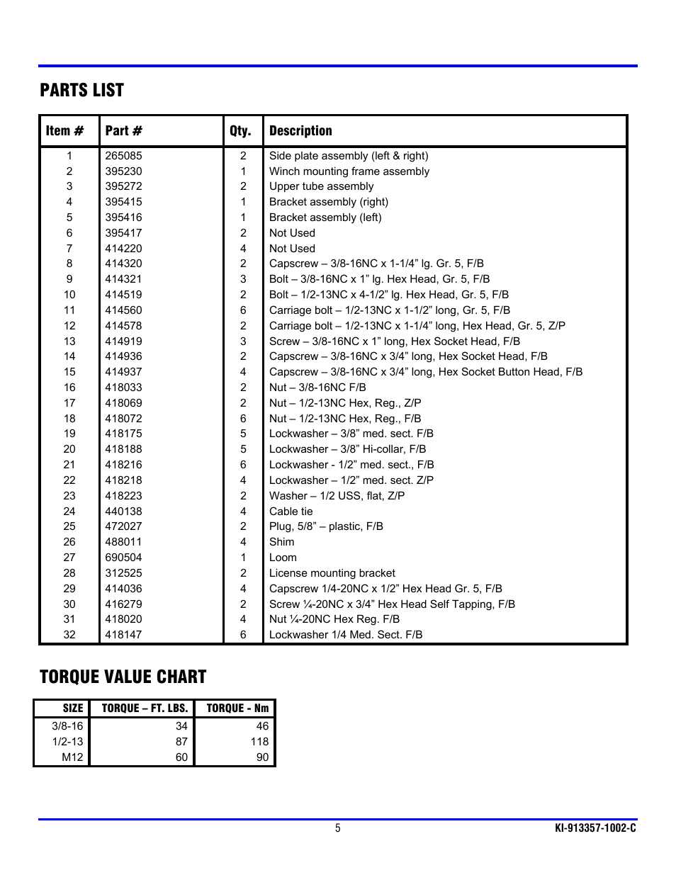 Parts list, Torque value chart | Ramsey Winch CHEVY GRILL GUARD KIT 295358 (RE WINCH) User Manual | Page 6 / 7