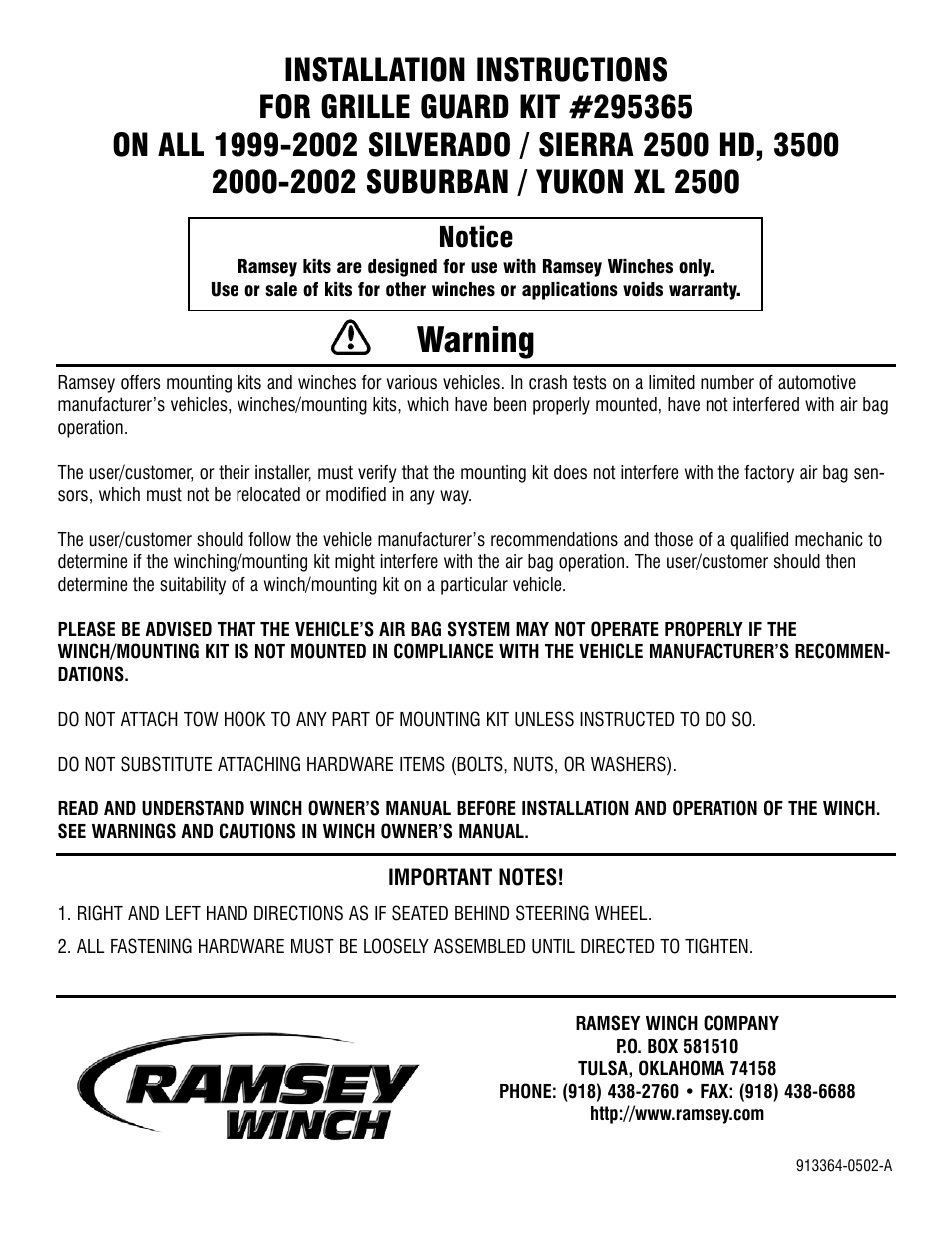 Ramsey Winch CHEVY GRILL GUARD KIT 295365 User Manual | 8 pages