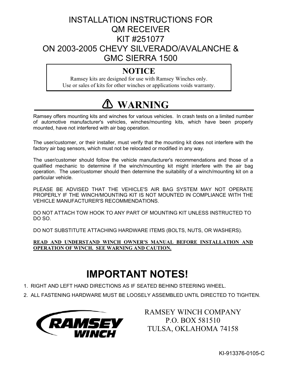 Ramsey Winch CHEVY QM KIT 251077 User Manual | 6 pages