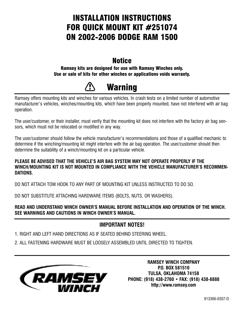 Ramsey Winch DODGE QM KIT 251074 User Manual | 4 pages