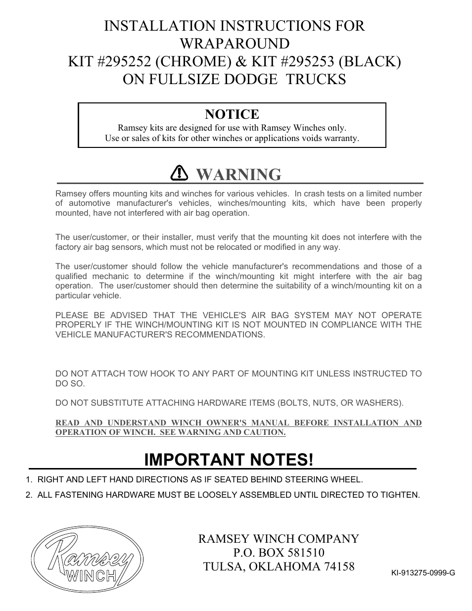 Ramsey Winch DODGE WRAPAROUND KIT 295252 User Manual | 12 pages