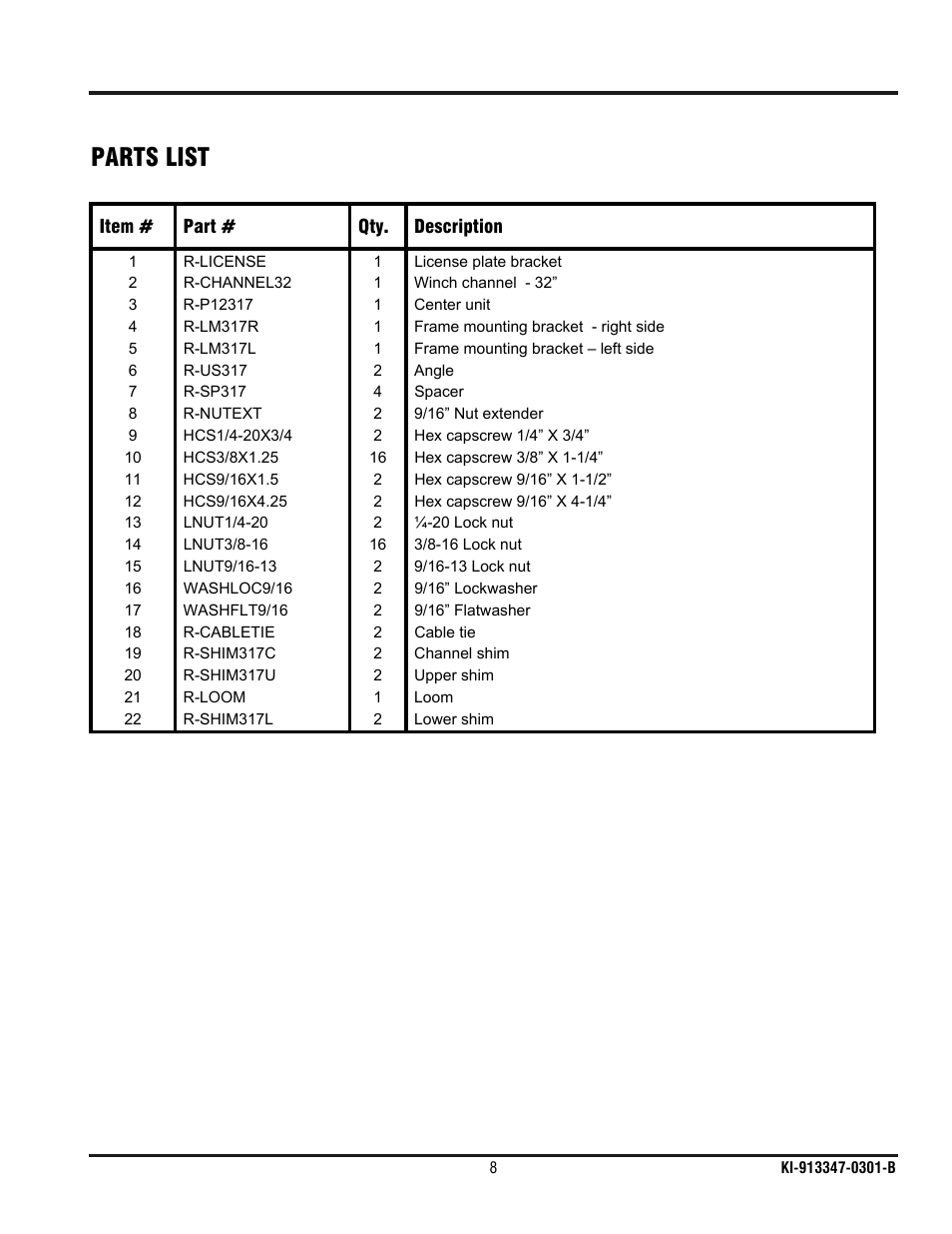 Parts list | Ramsey Winch FORD GRILL GUARD KIT 295917 User Manual | Page 9 / 10