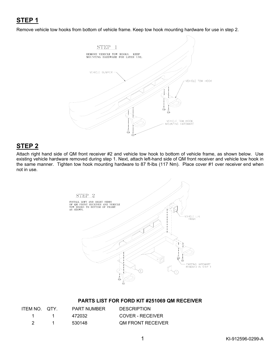 Step 1, Step 2 | Ramsey Winch FORD QM KIT 251069 User Manual | Page 2 / 2