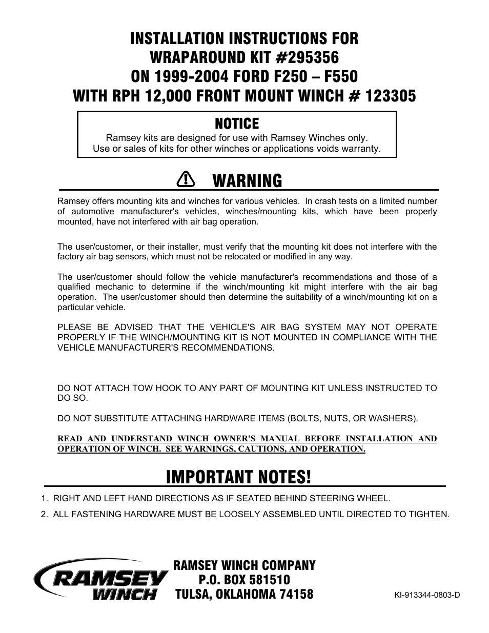 Ramsey Winch FORD WRAPAROUND KIT 295356 (RPH 12000) User Manual | 7 pages