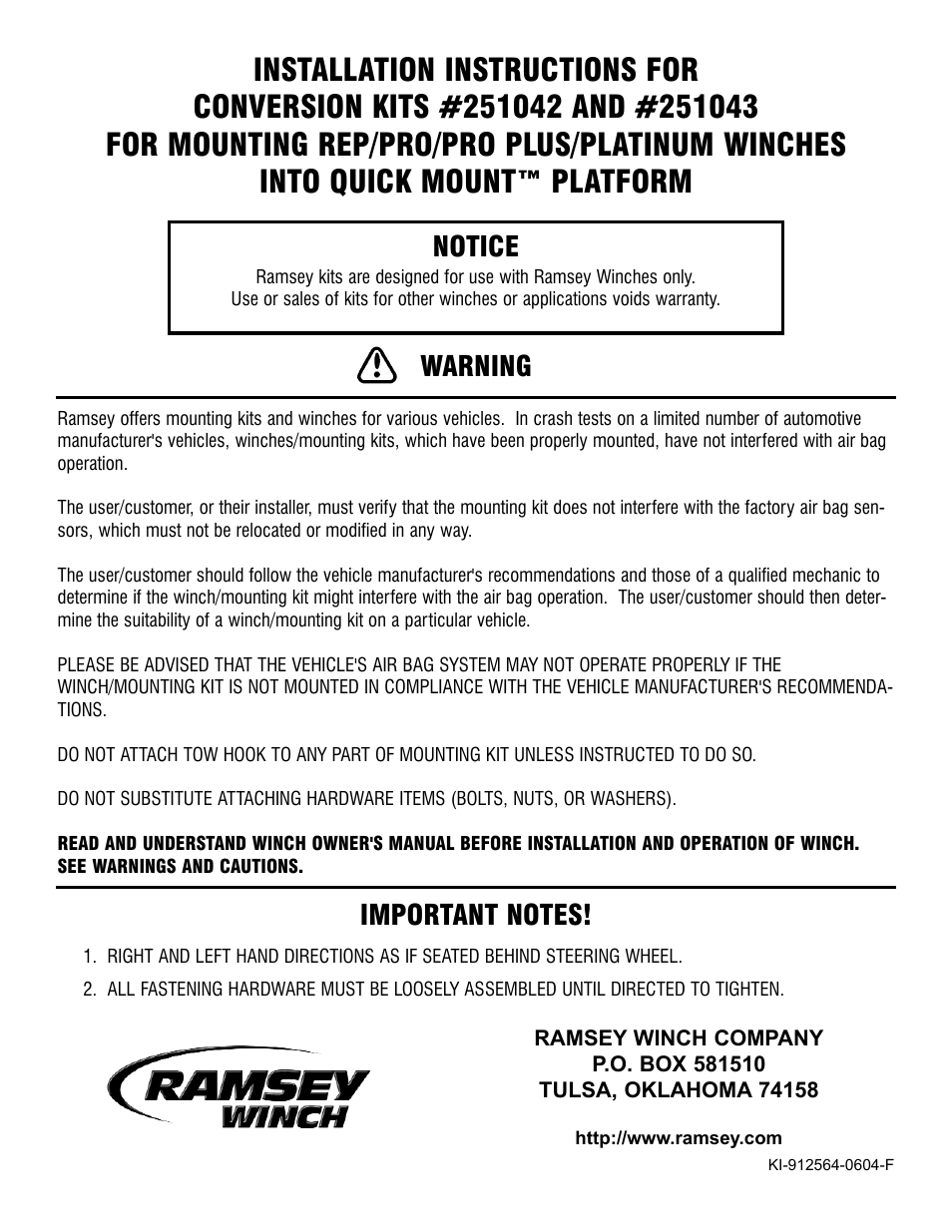 Ramsey Winch QM CONVERSION KIT 251042 User Manual | 4 pages