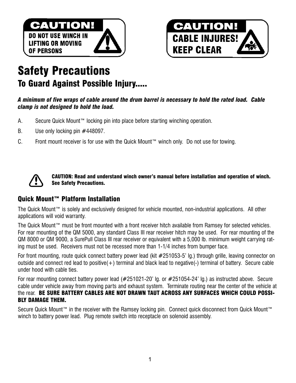 Safety precautions | Ramsey Winch QM CONVERSION KIT 251042 User Manual | Page 2 / 4