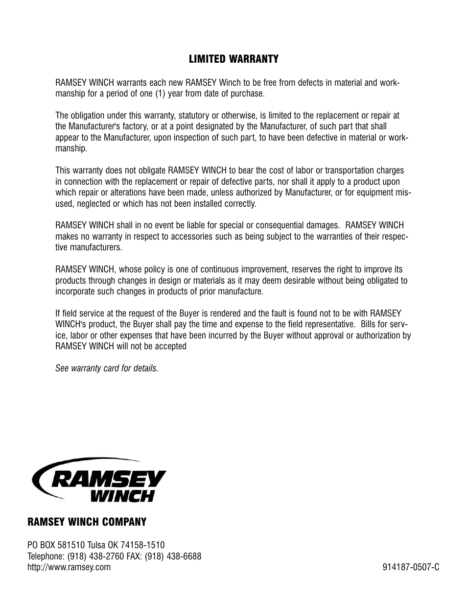 Ramsey Winch SCH-8500 User Manual | Page 12 / 12