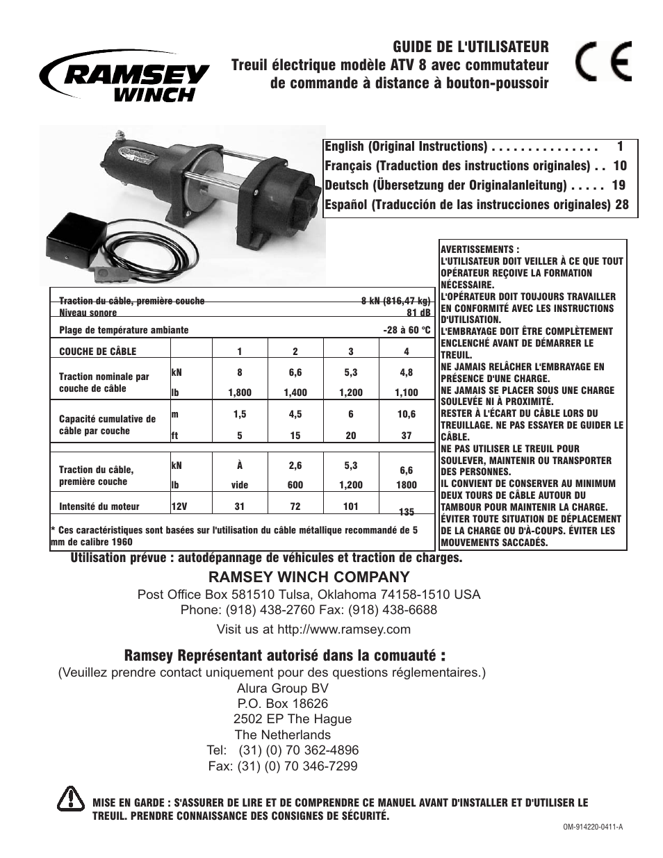 Atv-8 with remote control switch_fr 0411, Ramsey winch company, Ramsey représentant autorisé dans la comuauté | Ramsey Winch ATV 8 WITH MINI ROCKER SWITCH User Manual | Page 10 / 36